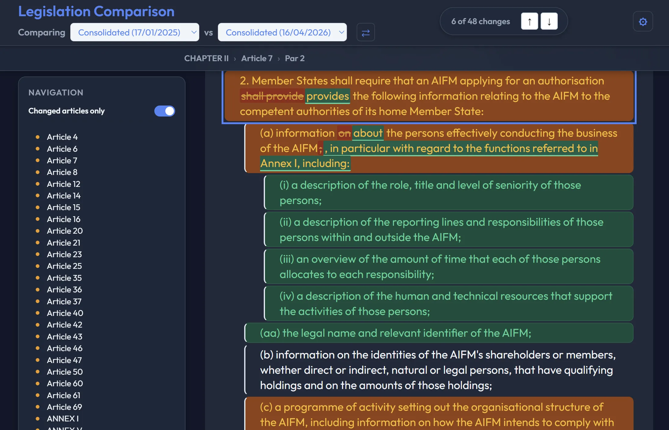 EUR-Lex Legislation Diff comparison interface