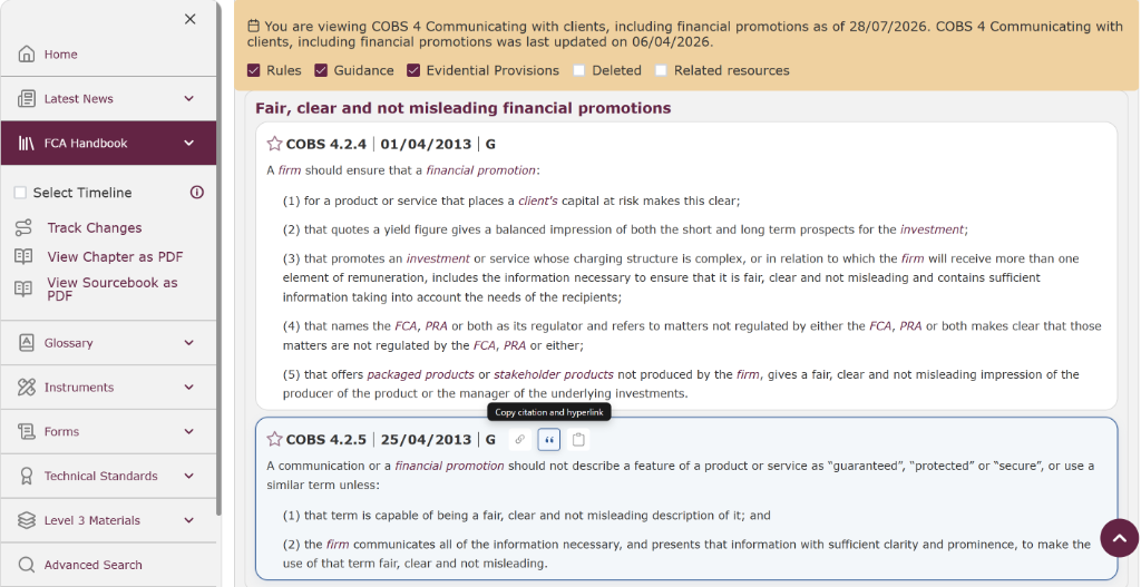 Handbook Helper showing deep link and citation copying utilities in the FCA Handbook