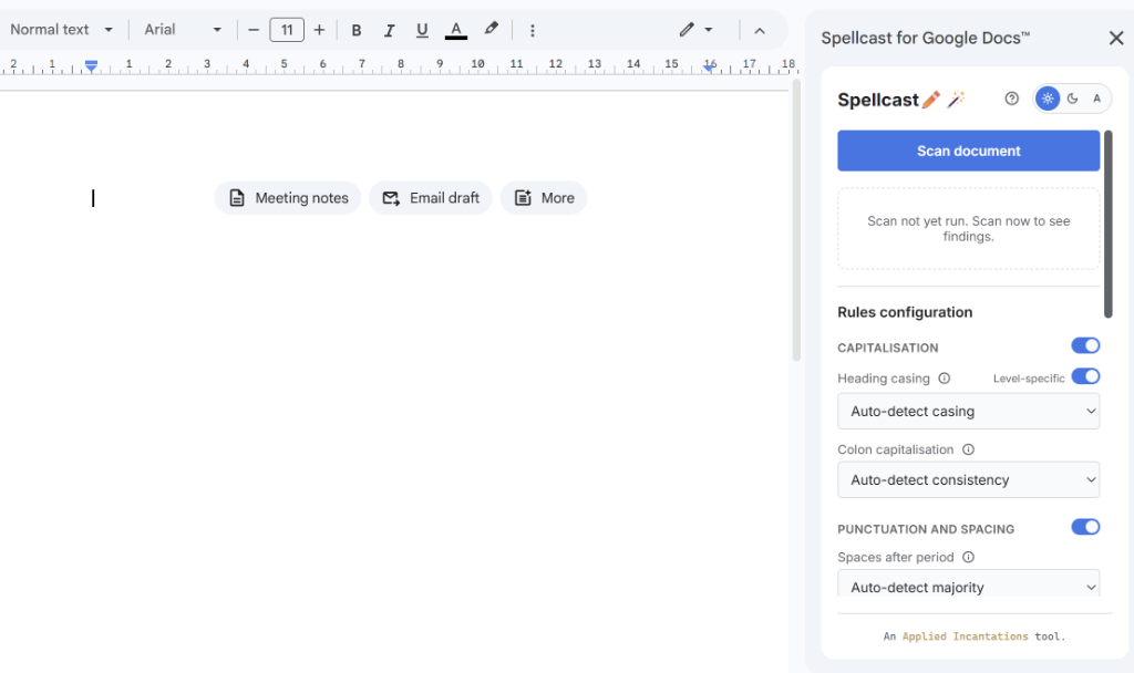 Spellcast Style Checker interface in Google Docs
